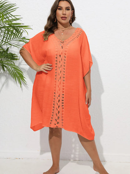 Crochet Trim V-Neck Beach Cover Up Dress - adritiX