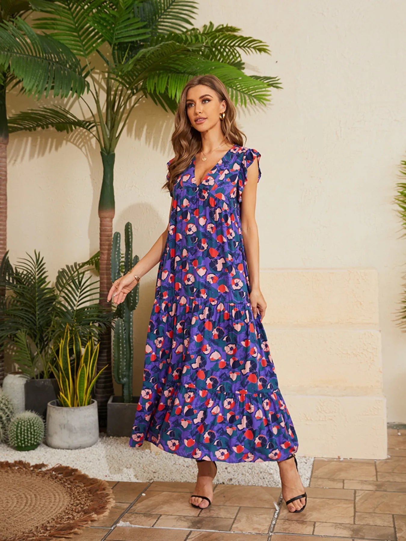 Floral V-Neck Cap Sleeve Summer Dress - adritiX