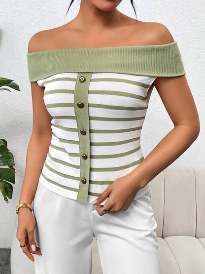 Decorative Button Striped Off-Shoulder Knit Top - adritiX