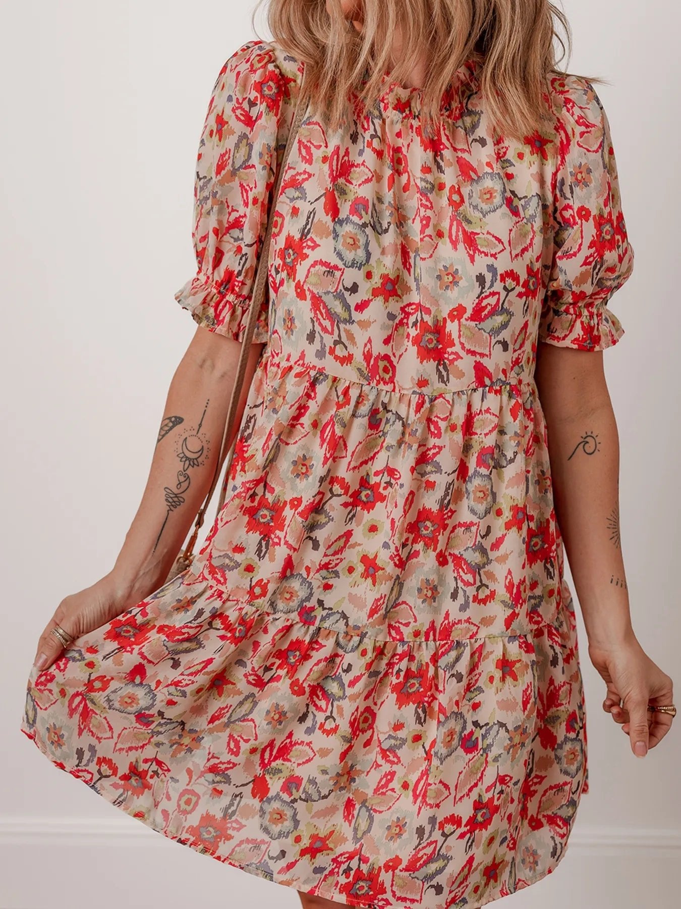 Floral Print Frilled Neck Puff Sleeve High Waist Dress - adritiX