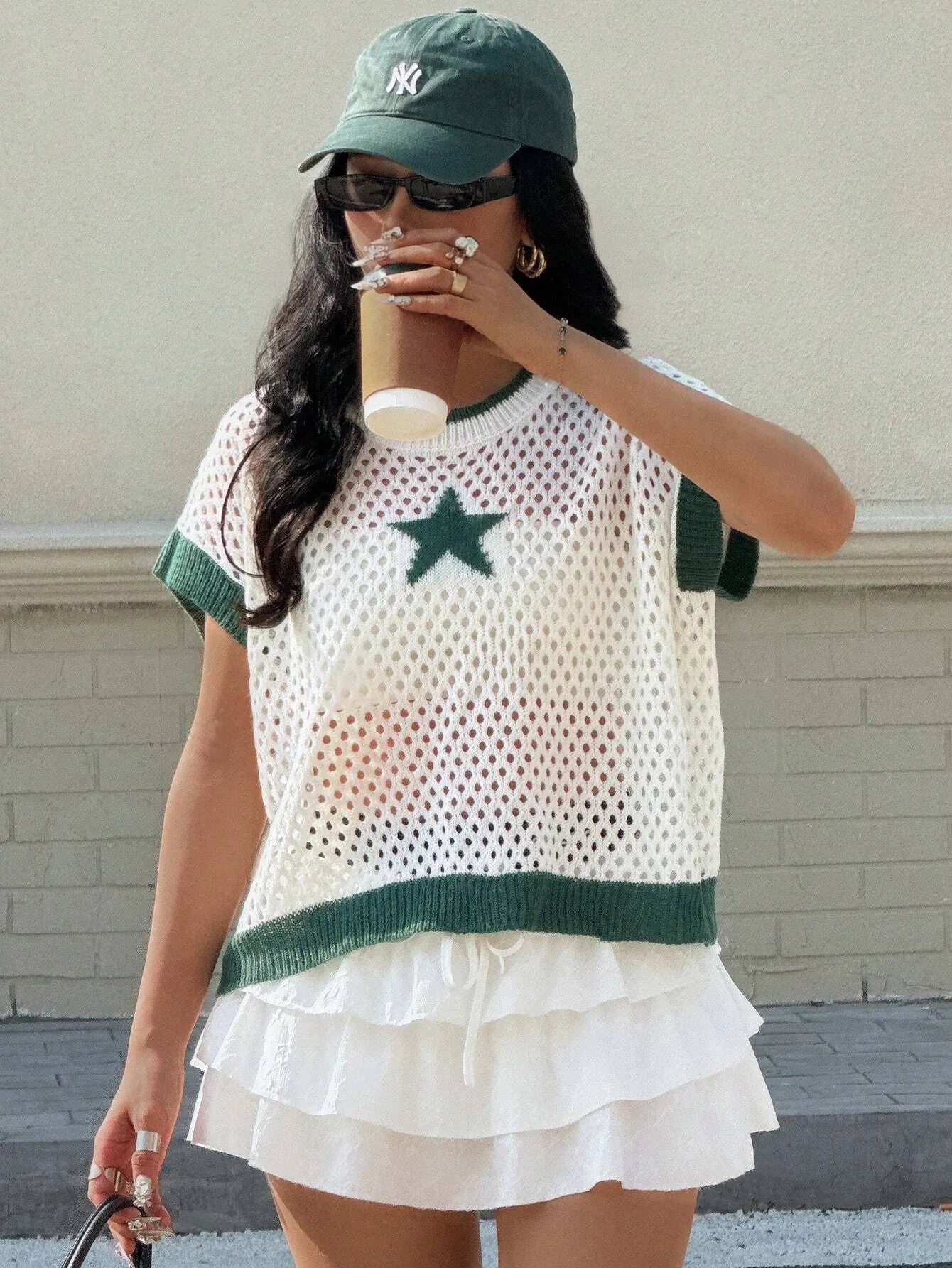 Star Pattern Mesh Knit Short Sleeve Knit Top - adritiX