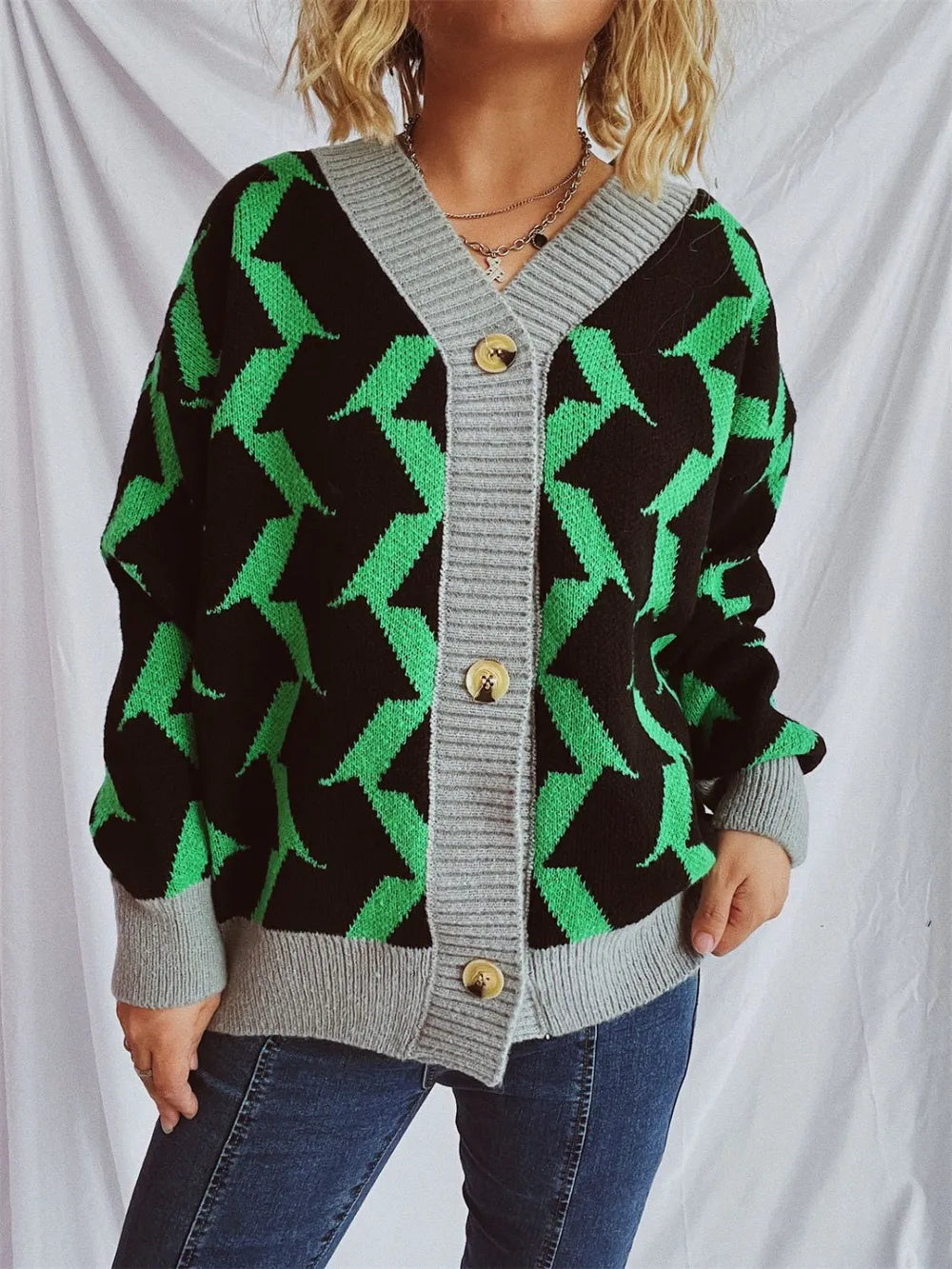 Contrast Trim Geometric V-Neck Long Sleeve Cardigan - adritiX