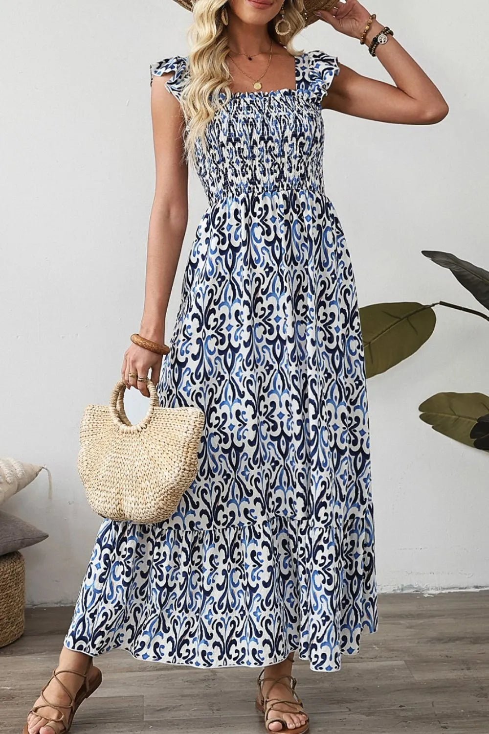 Smocked Printed Square Neck Dress - adritiX