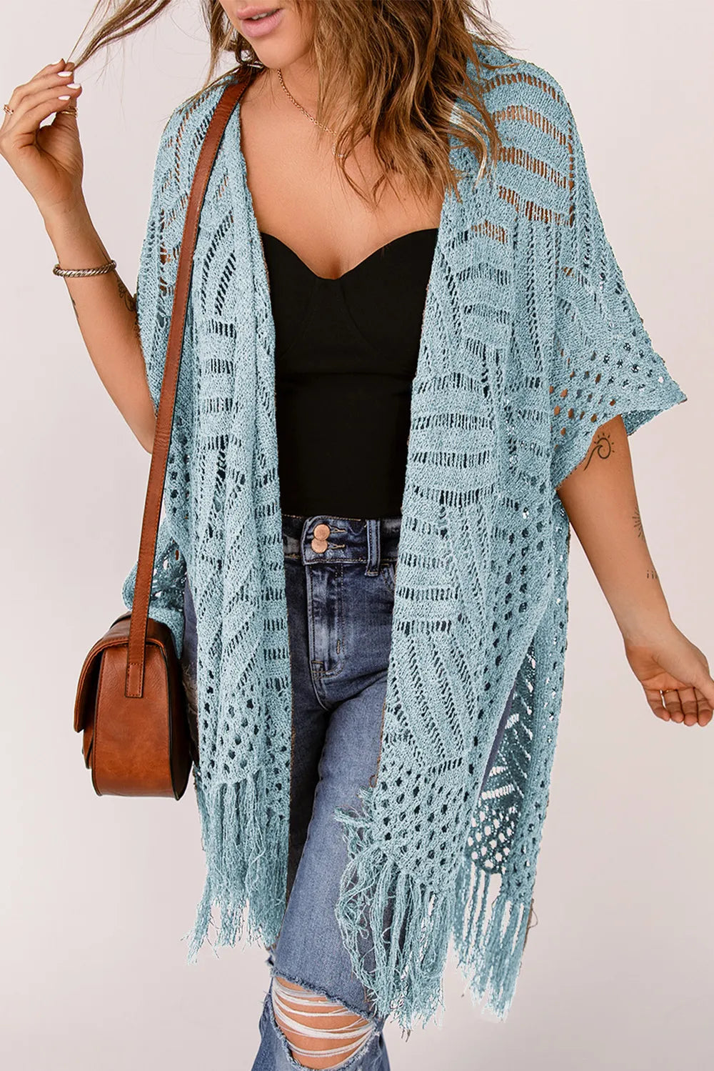Openwork Open Front Cardigan with Fringes - adritiX