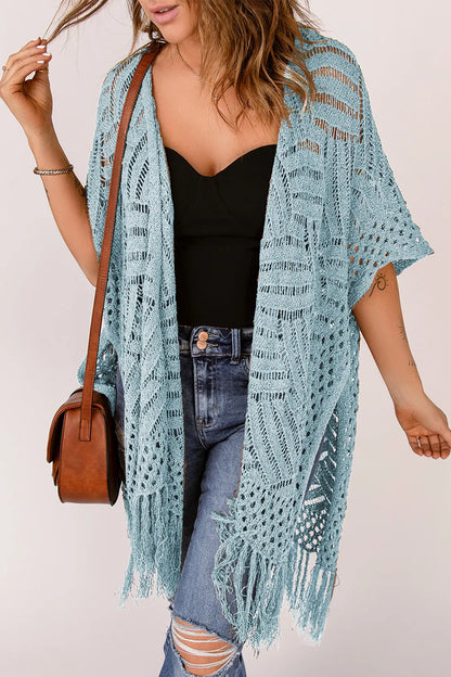 Openwork Open Front Cardigan with Fringes - adritiX