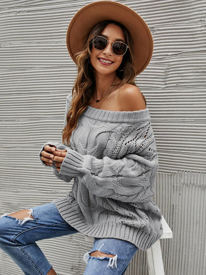 Cable Knit Openwork Off-Shoulder Sweater - adritiX