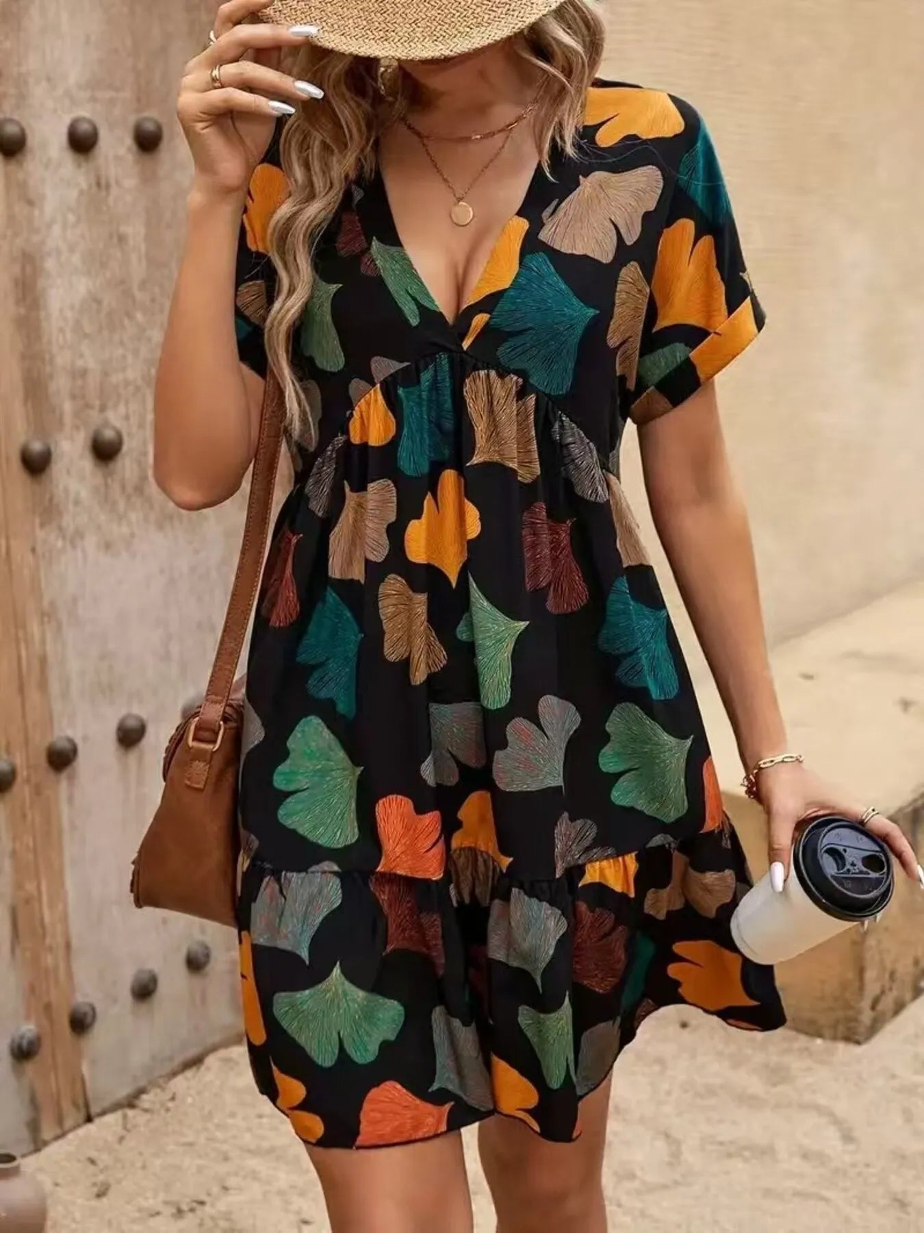 Printed V-neck Short Sleeve Boho Mini Dress - adritiX
