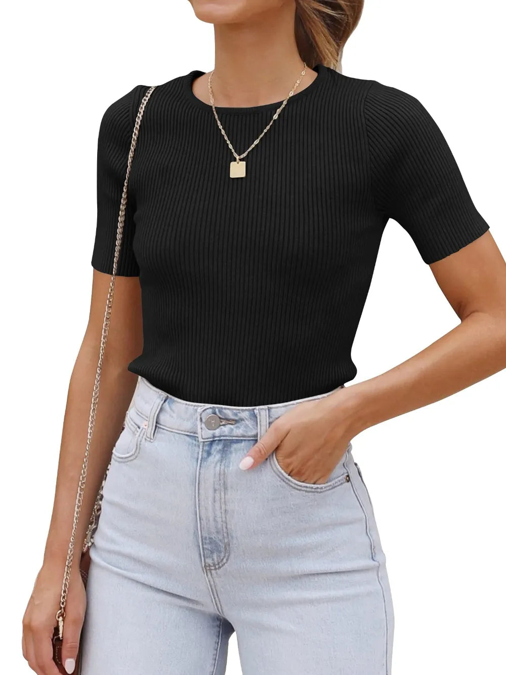 Round Neck Short Sleeve Knit Top - adritiX