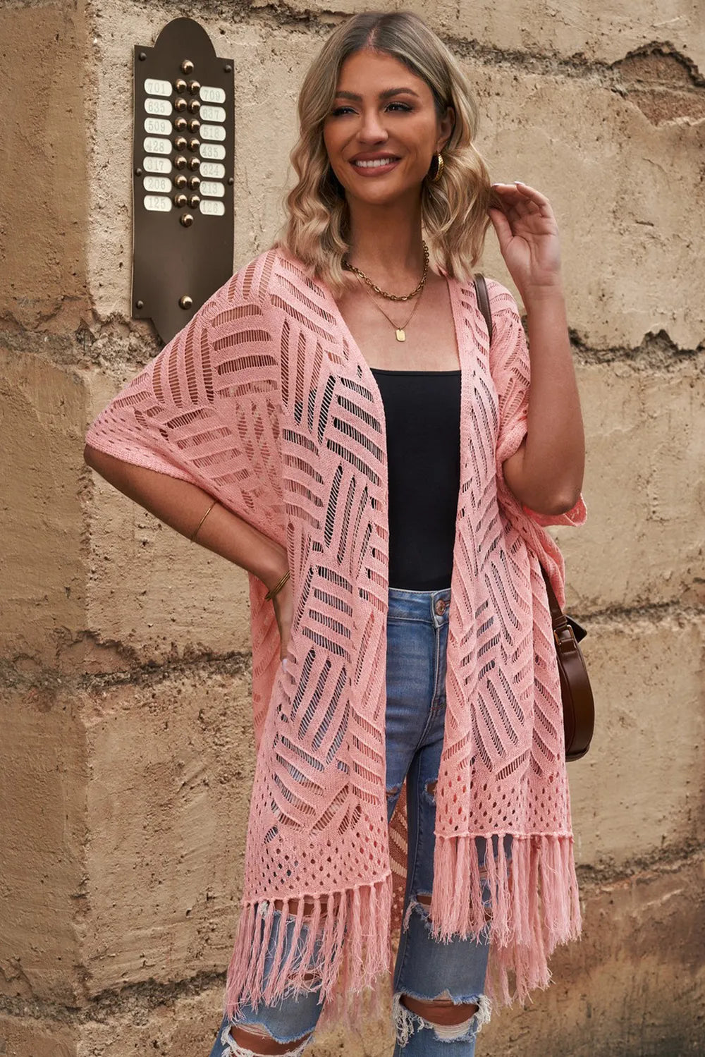 Openwork Open Front Cardigan with Fringes - adritiX