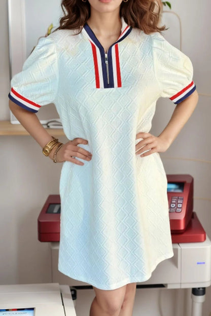 Striped Collared Zip Up Textured Dress - adritiX