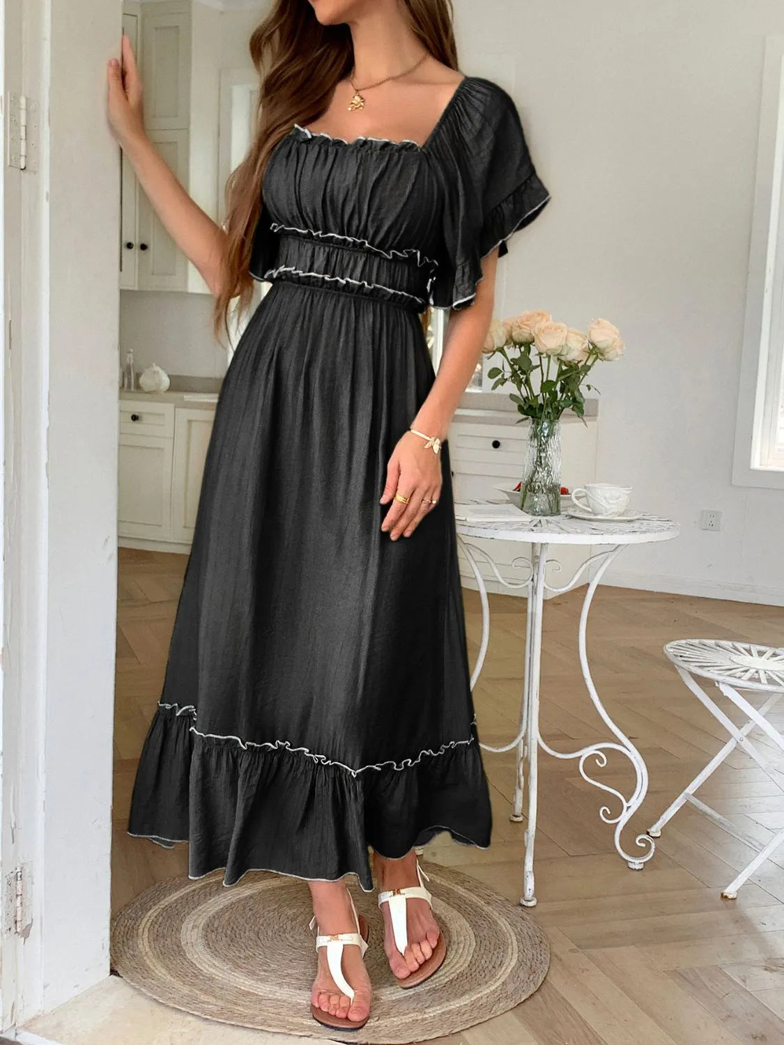 Elegant Square Neck Puff Sleeve Ruffle Trim Maxi Dress - adritiX