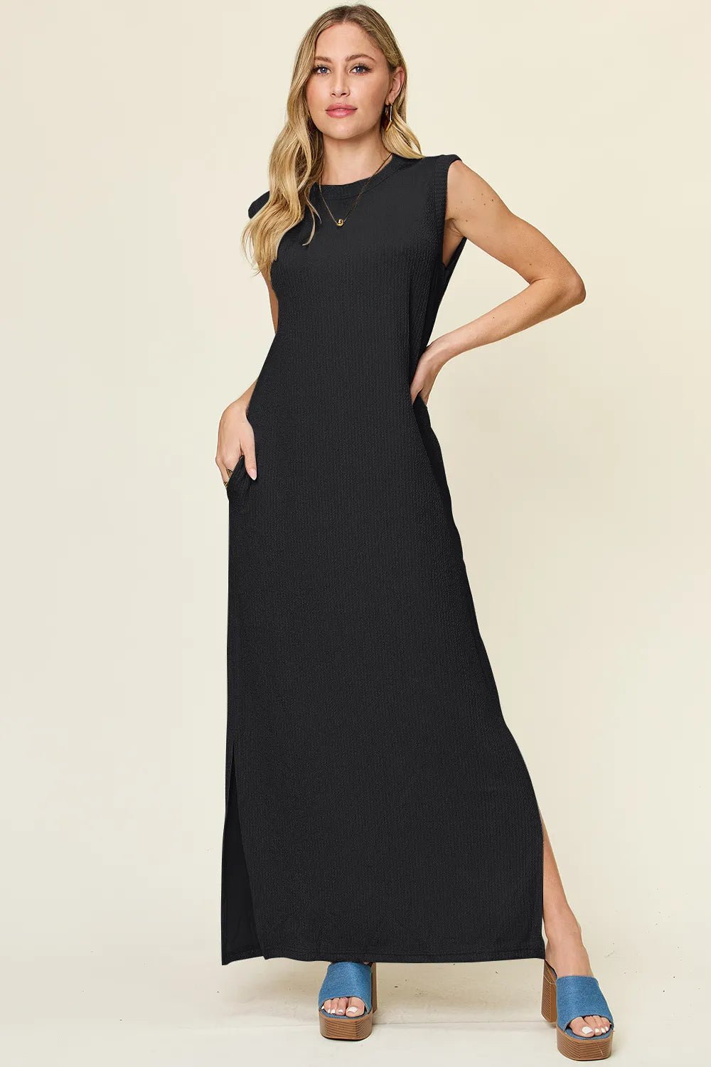 Double Take Full Size Texture Mock Neck Sleeveless Maxi Dress - adritiX