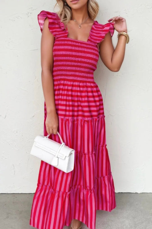 Stripe Flutter Sleeve Smocked Bodice Tiered Maxi Dress - adritiX