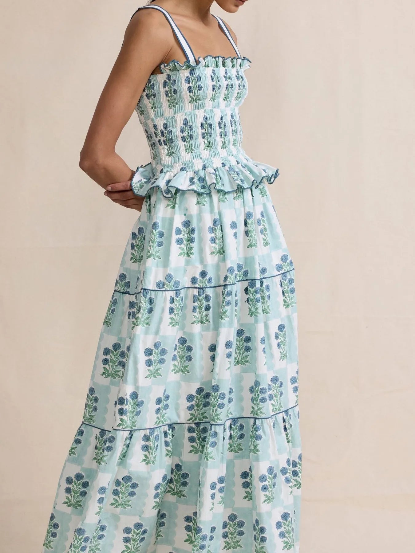 Smocked Ruffled Square Neck Maxi Dress - adritiX