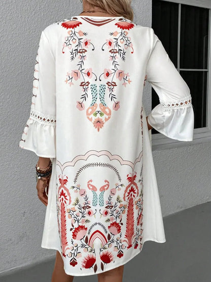 Lace Detail Printed Three-Quarter Sleeve Dress - adritiX