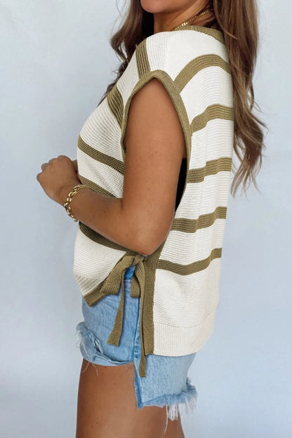 Stripe Tie Open Side Sweater Knitted Top - adritiX