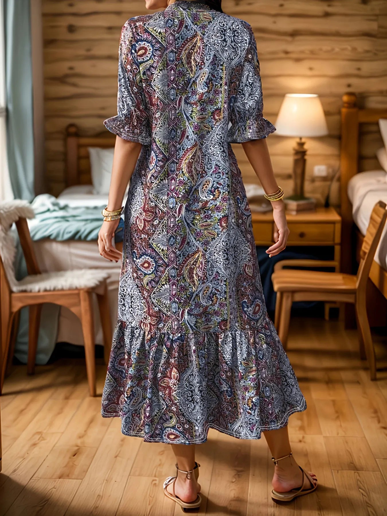 Full Size Bohemian Paisley Print Ruffle Hem Midi Dress Plus Size - adritiX