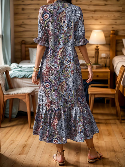 Full Size Bohemian Paisley Print Ruffle Hem Midi Dress Plus Size - adritiX