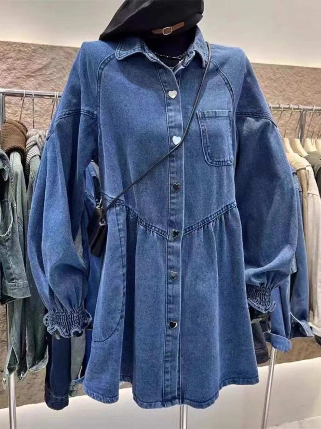 Oversized Long Sleeve Button-Up Denim Dress - adritiX