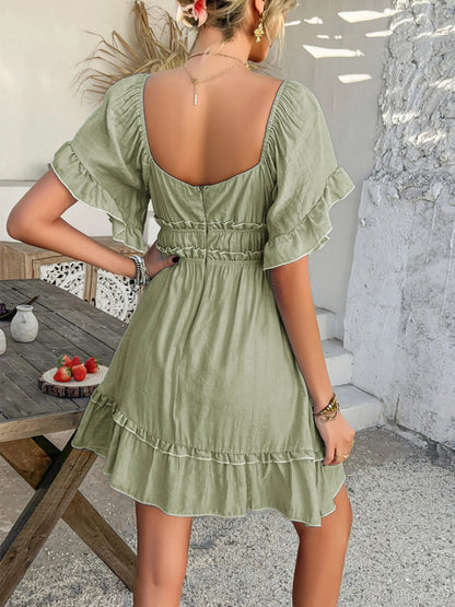 Square Neck Ruffle Trim Mini Dress - adritiX