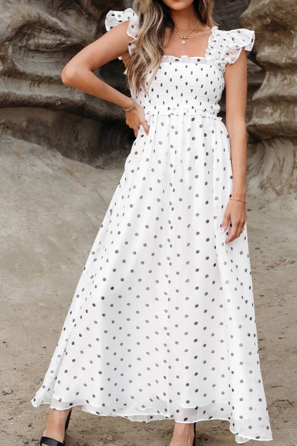 Polka Dot Ruffle Sleeve Smocked Midi Dress - adritiX