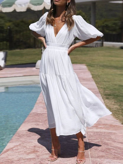 V-Neck Puff Sleeve Midi Dress - adritiX