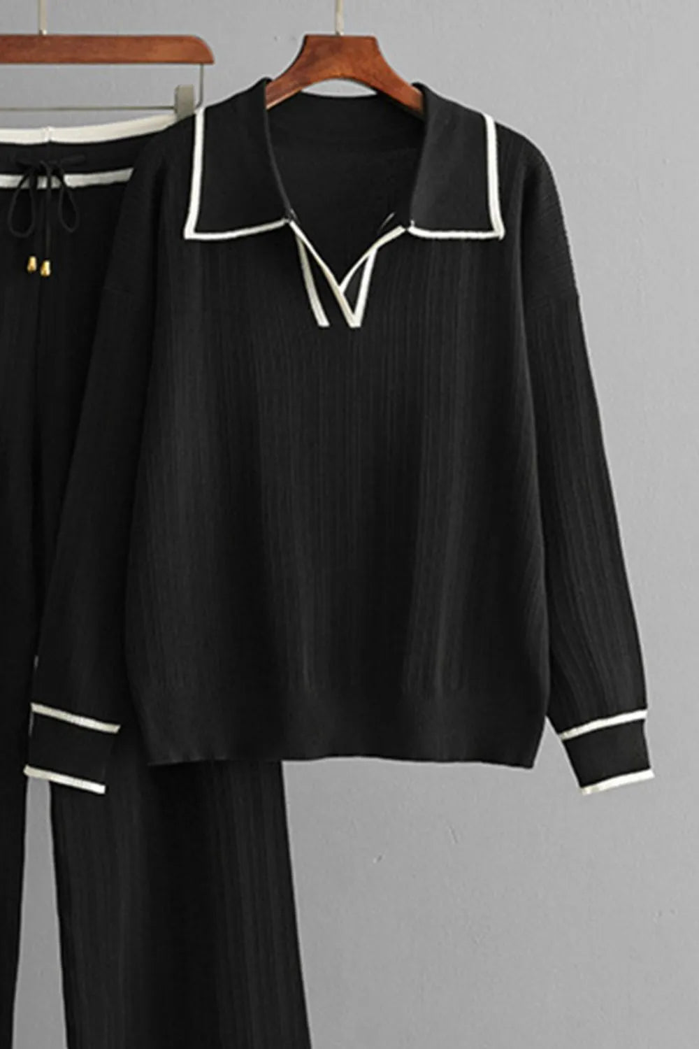 Contrast Trim Johnny Collar Top and Drawstring Pants Sweater Set - adritiX