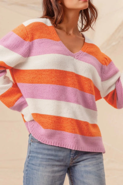 Color Block V-Neck Long Sleeve Sweater - adritiX