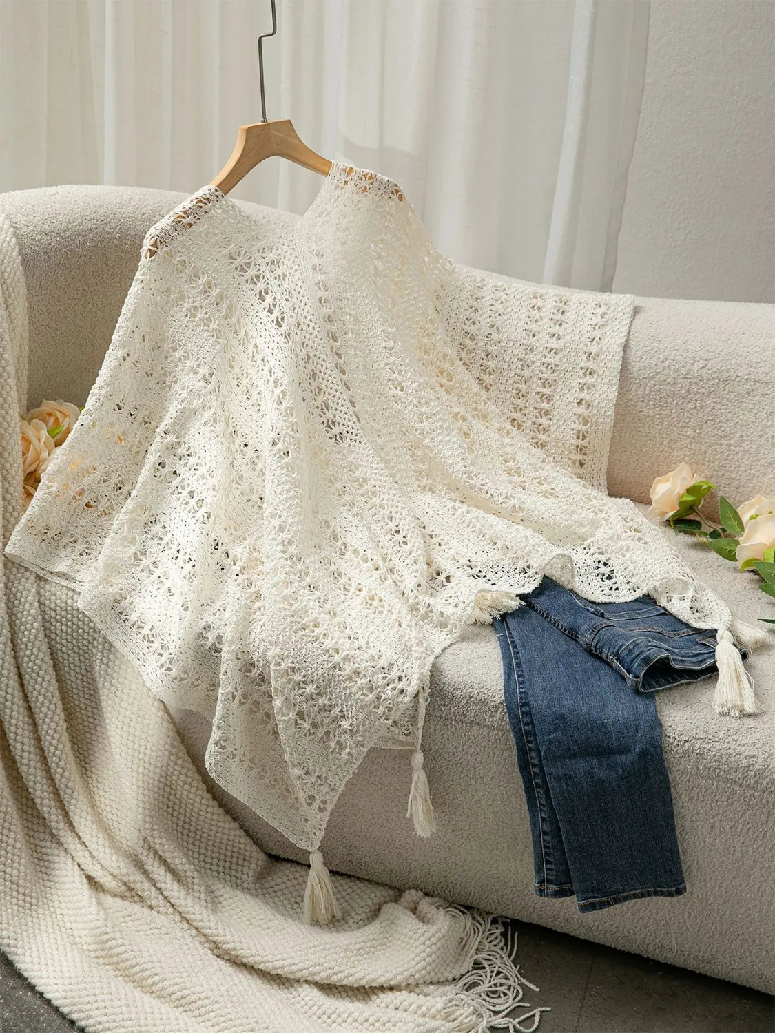 Elegant Openwork Tassel Open Front Knit Cover Up - adritiX