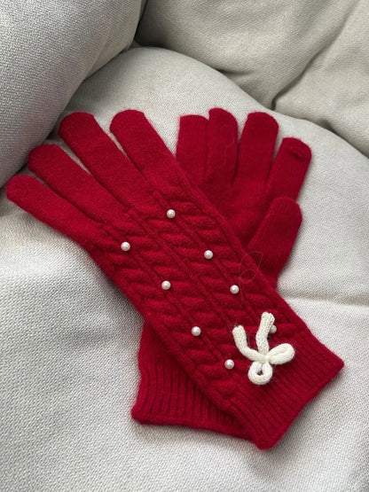 Thermal Pearl Detail Bow Five-Finger Gloves - adritiX