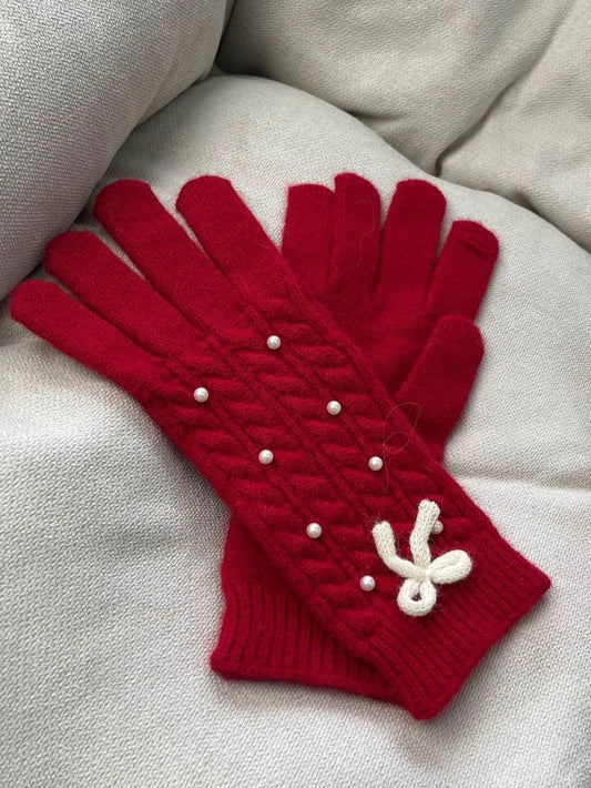 Thermal Pearl Detail Bow Five-Finger Gloves - adritiX