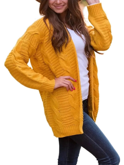 Cable-Knit Open Front Long Sleeve Cardigan - adritiX