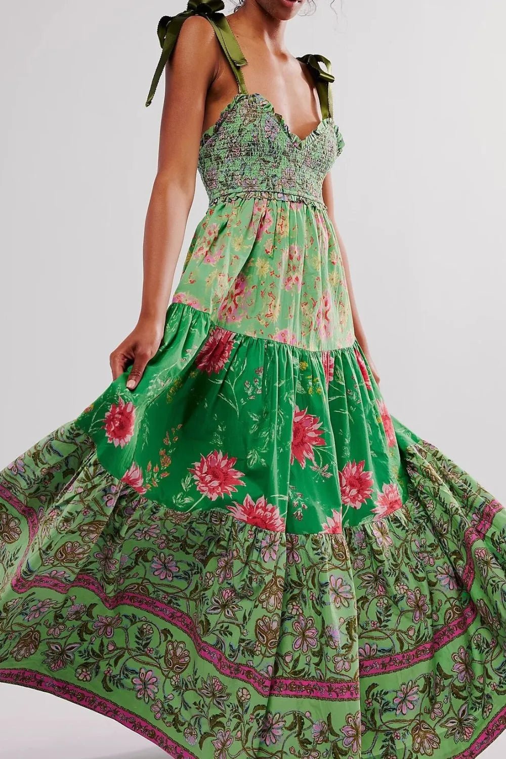 Floral Tiered Maxi Dress with Mixed Print Design - adritiX