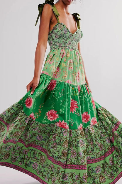 Floral Tiered Maxi Dress with Mixed Print Design - adritiX