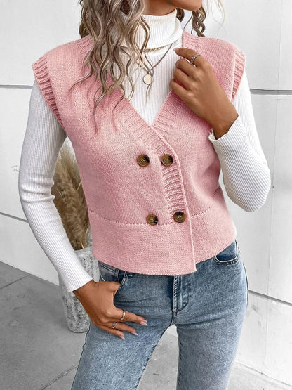 Full Size Button Up V-Neck Sweater Vest - adritiX