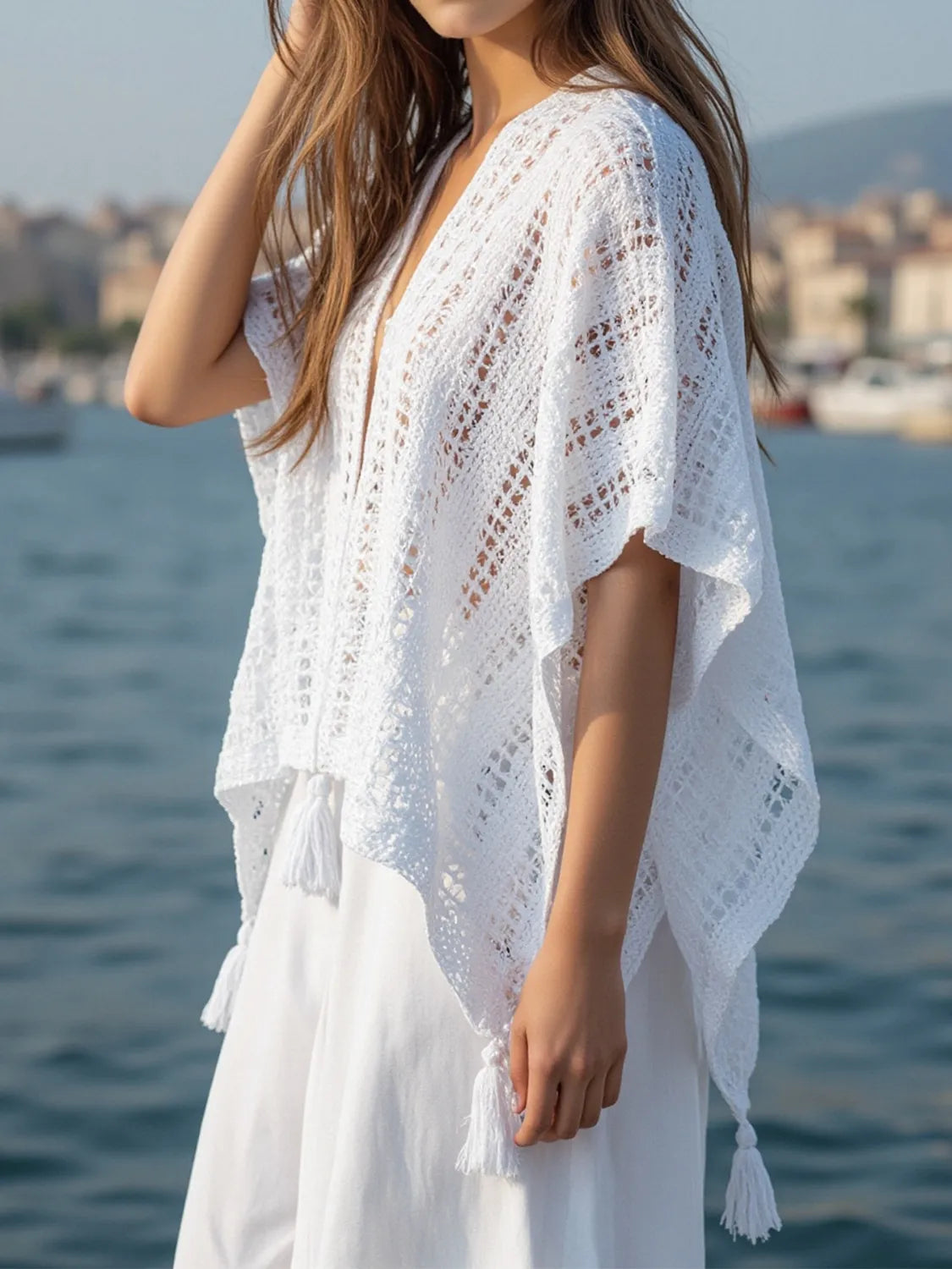 Elegant Openwork Tassel Open Front Knit Cover Up - adritiX