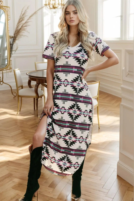 Aztec Print V-Neck Midi Dress - adritiX