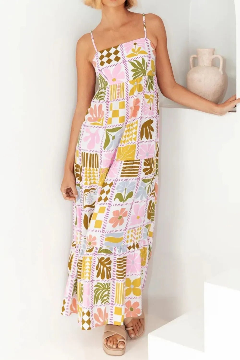 Cutout Back Printed Square Neck Maxi Cami Dress - adritiX