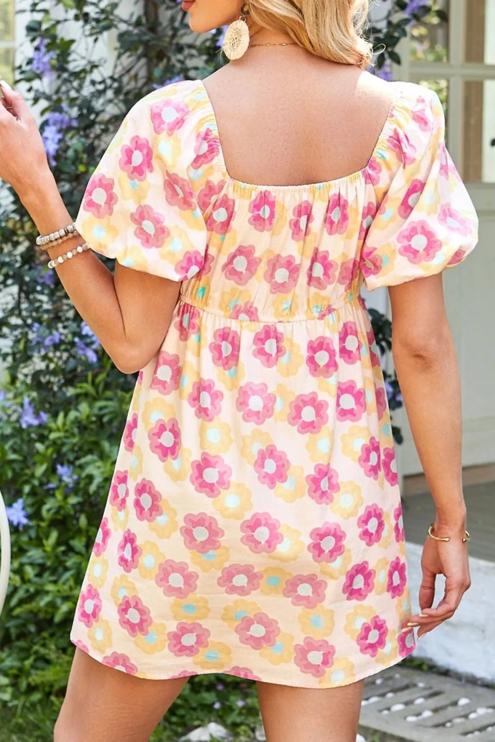 Floral Square Neck Puff Sleeve Pleated Flared Midi Dress - adritiX