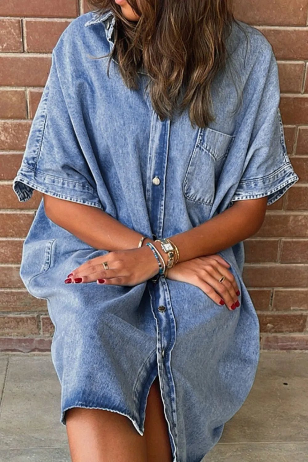 Oversized Button Down Denim Shirt Dress - adritiX
