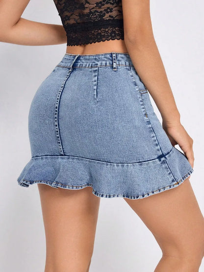 Ruffled Hem Denim Mini Skirt - adritiX