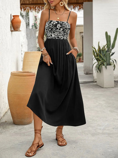 Elegant Smocked Midi Cami Dress with Pockets - adritiX