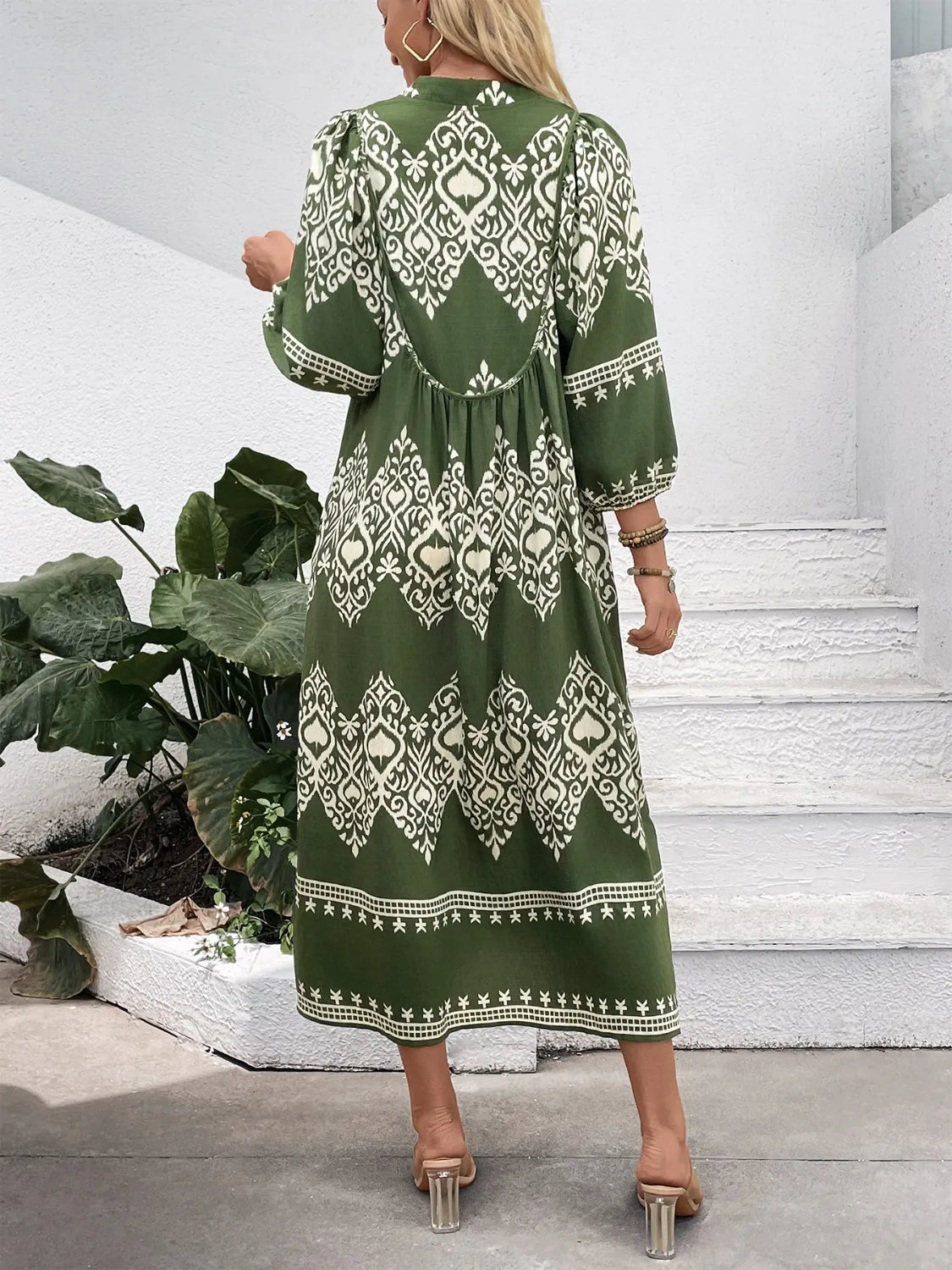 Printed Notched Midi Dress with Pockets - adritiX