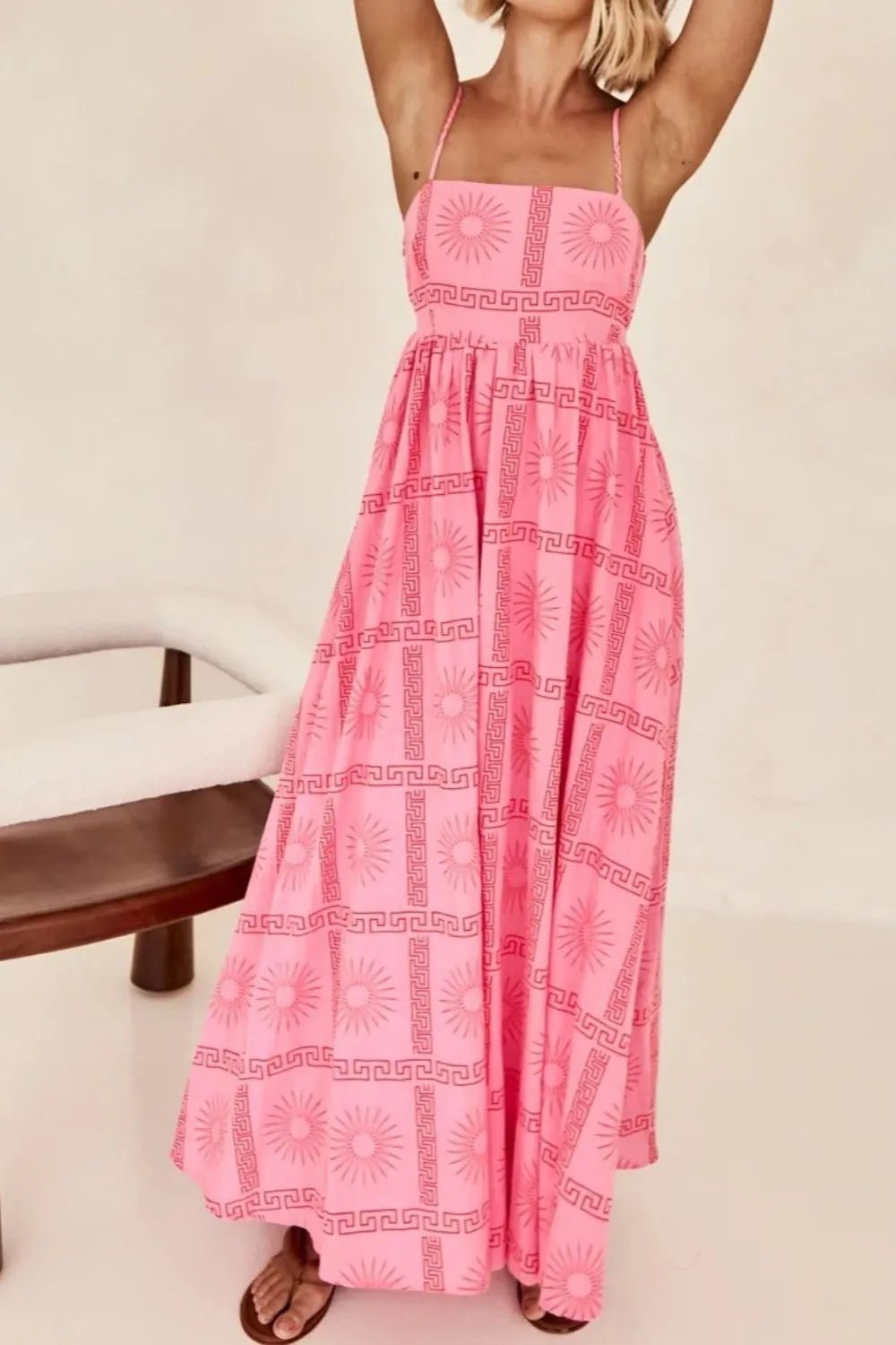 Cutout Back Printed Square Neck Maxi Cami Dress - adritiX