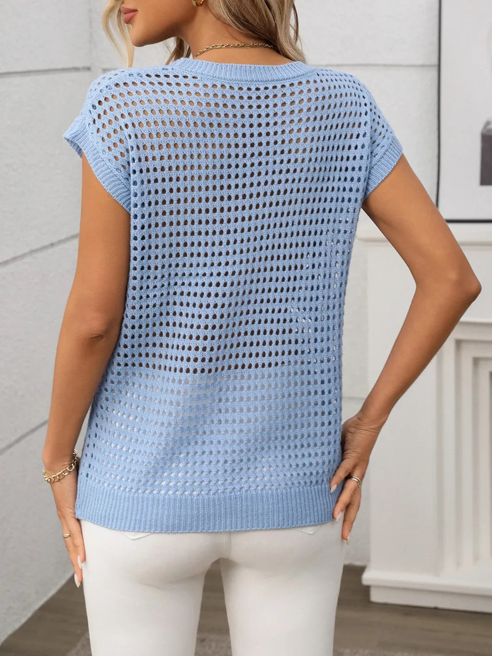 Openwork Round Neck Short Sleeve Knit Cover Up - adritiX