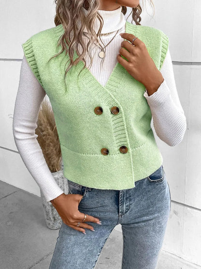 Full Size Button Up V-Neck Sweater Vest - adritiX