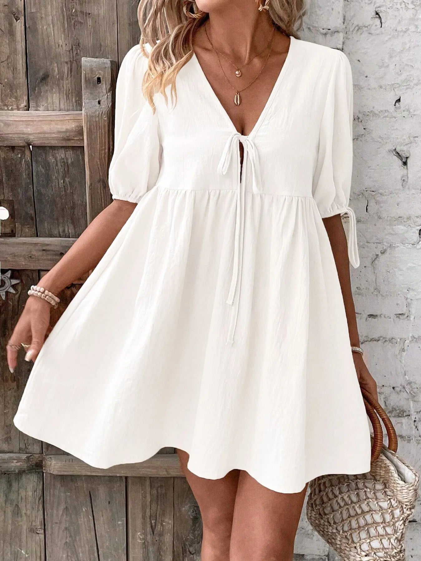 V-Neck Tie-Front Mini Dress with Puff Sleeves - adritiX