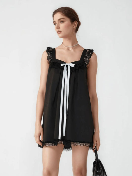 Lace Detail Bow Sleeveless Mini Cami Dress - adritiX