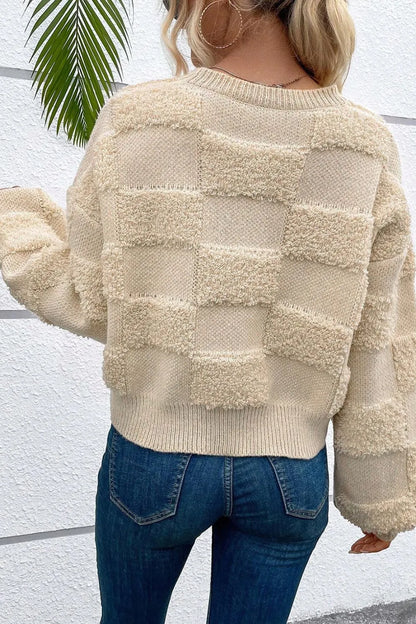 Checkered Round Neck Dropped Shoulder Sweater - adritiX