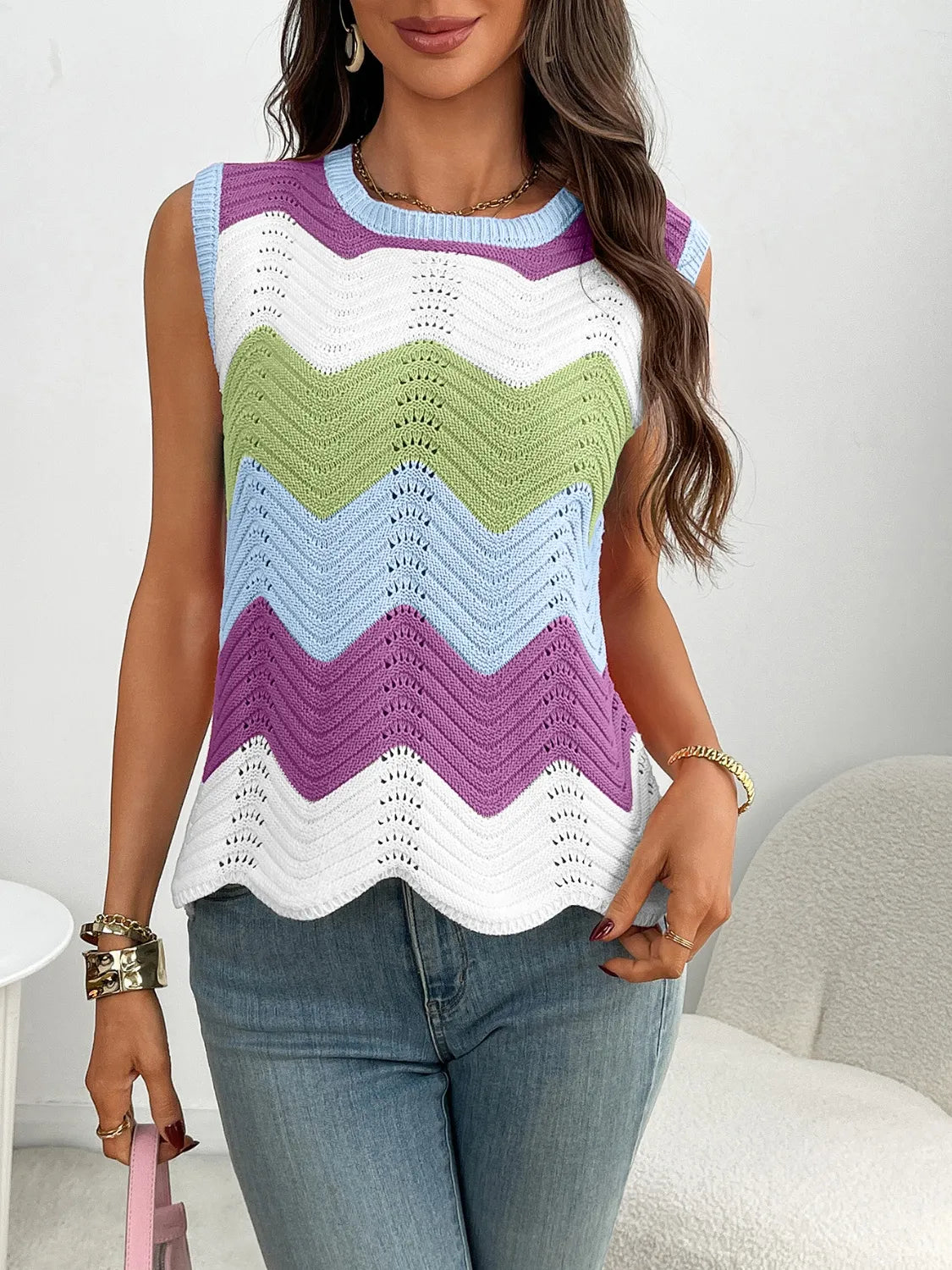 Color Block Round Neck Sweater Vest - adritiX